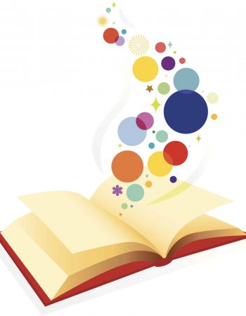 Open Book Open book revealing graphic elements that symbolize stories, ideas and/or imagination. Editable vector file.